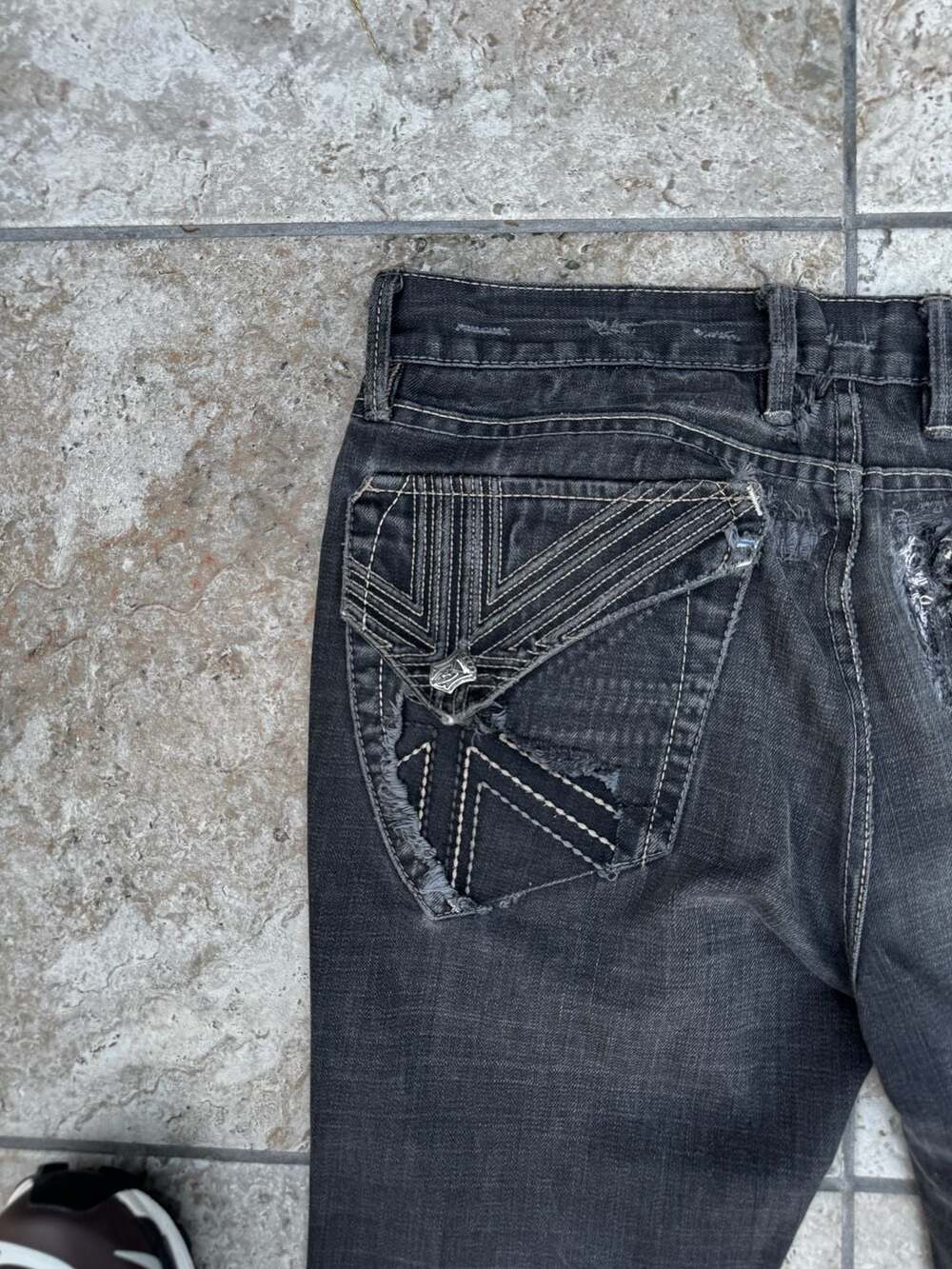 Energie Black Washed Distressed Denim Jeans with Embroidered Flap Pockets